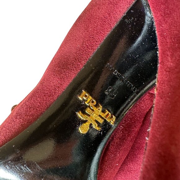 Prada Burgundy Red Suede Pointed Toe Heels Pumps w/ Bow Accent Size 39 - Picture 10 of 11